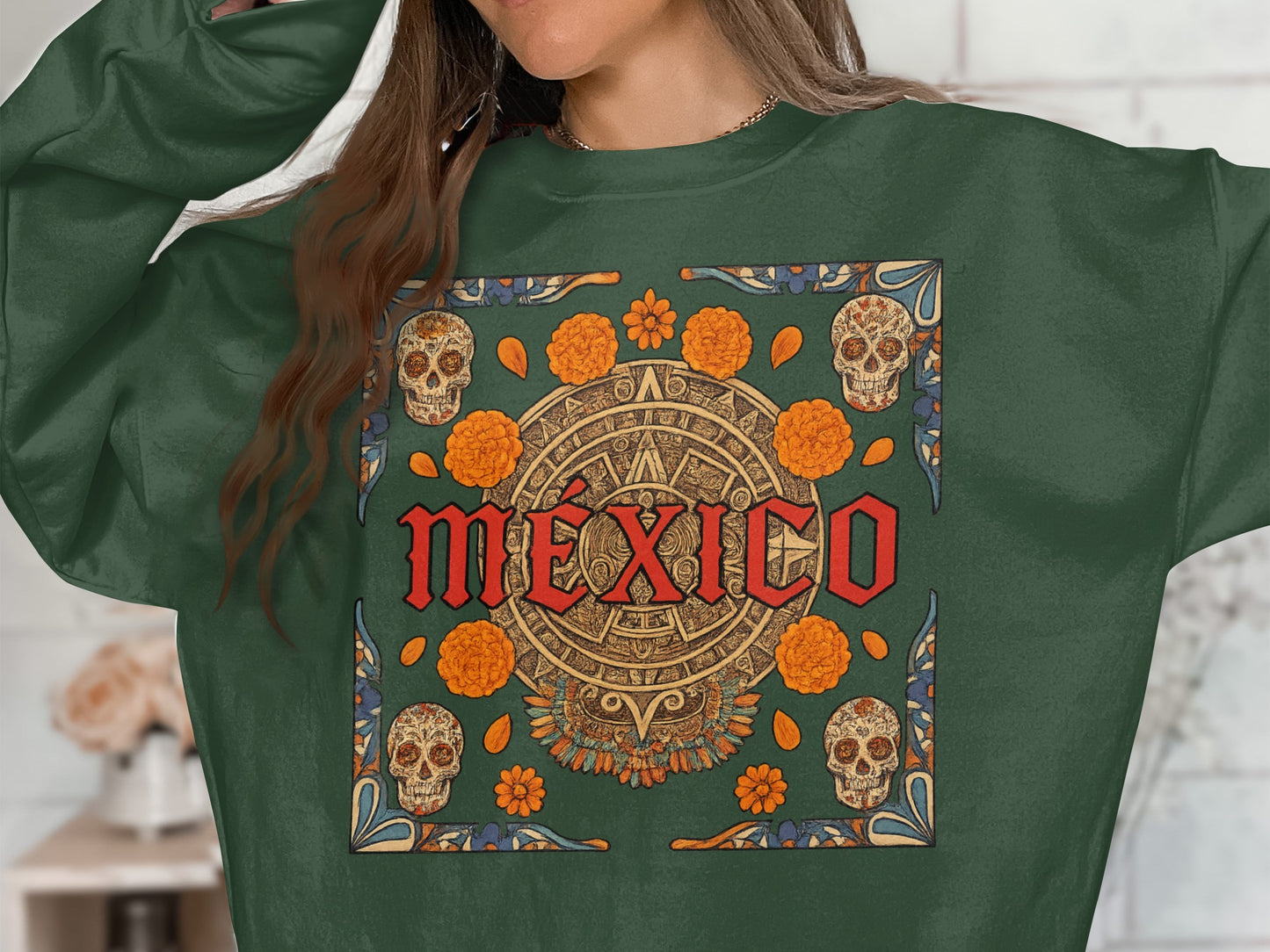 Mexican Inspired Aztec Skull and Floral Graphic Shirt