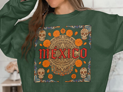 Mexican Inspired Aztec Skull and Floral Graphic Shirt