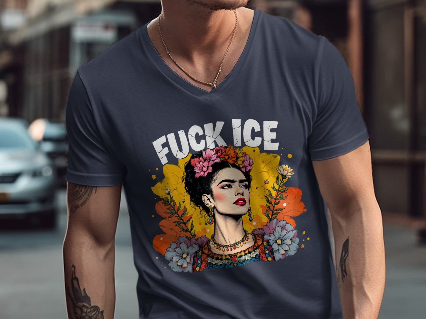 Vibrant Frida Graphic V-Neck T-Shirt with Flowers