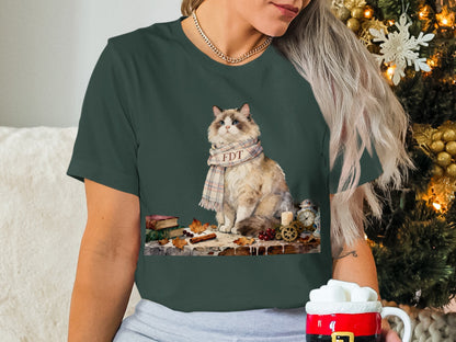 Cozy Holiday Cat with Plaid Scarf Shirt