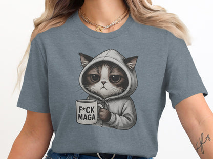 Humorous Cat Hoodie Holding Mug Tee