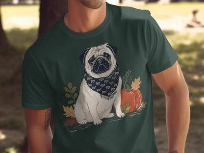 Cute Pug With Bandana and Pumpkin Graphic T-Shirt