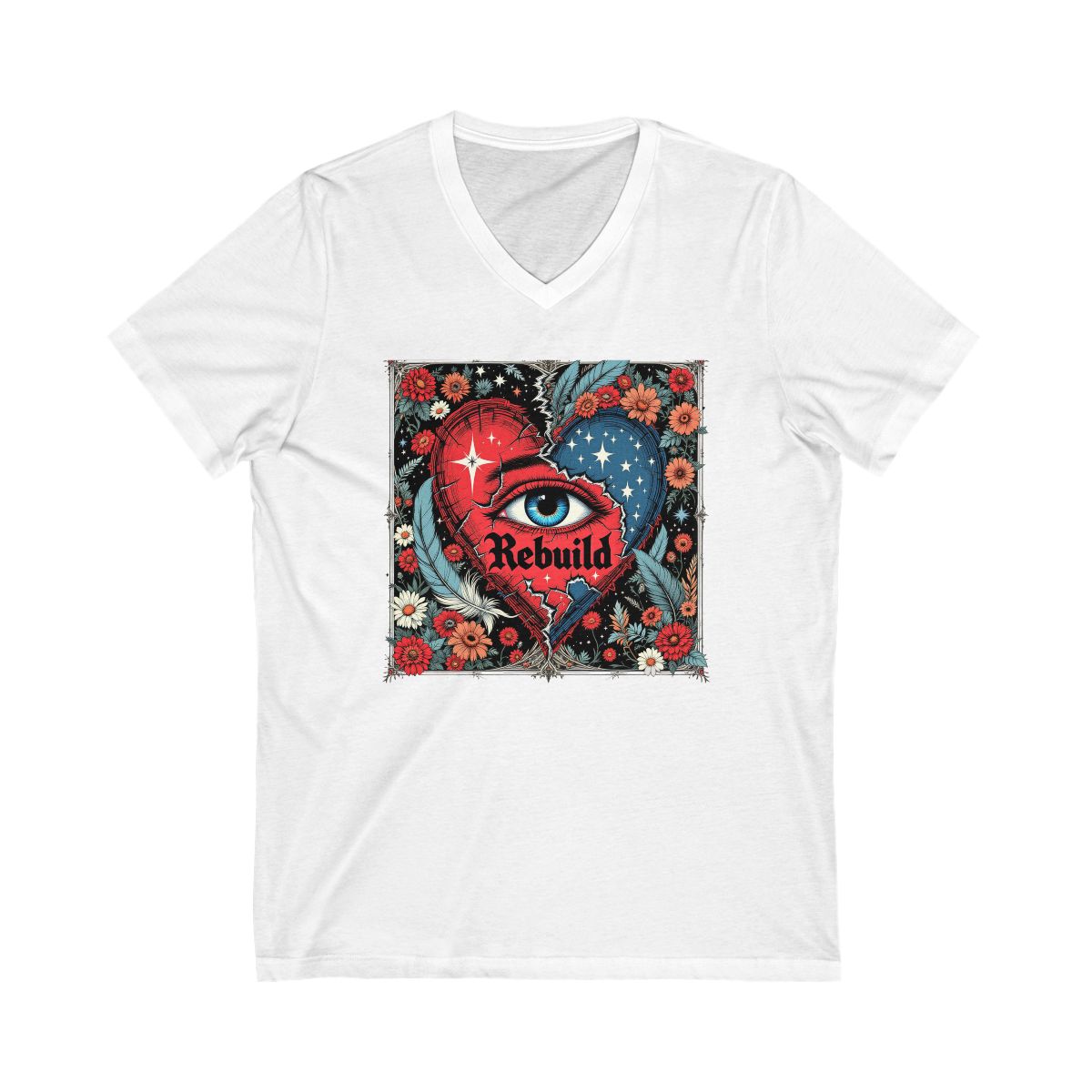 Rebuild Heart and Eye Design Graphic V-Neck T-Shirt product