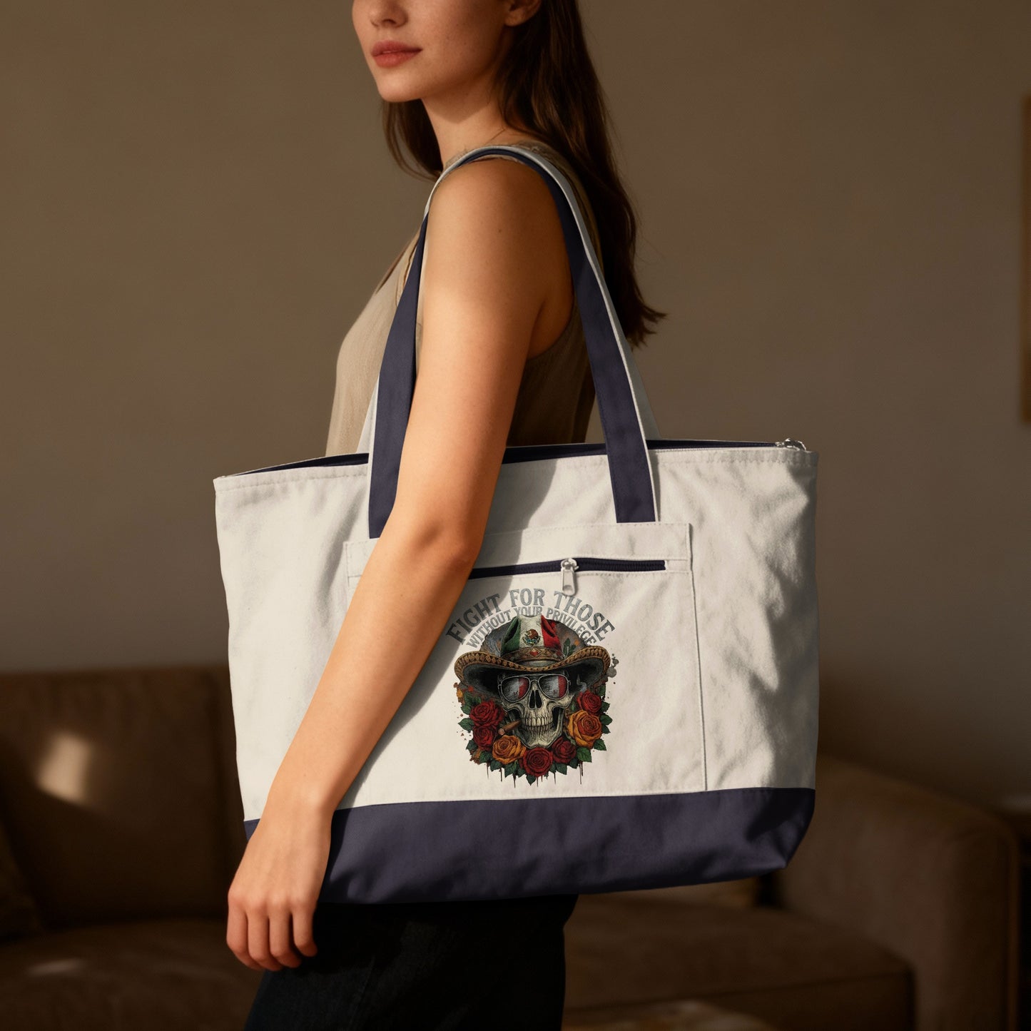 White canvas tote bag with dark blue trim and a Day of the Dead skull graphic.