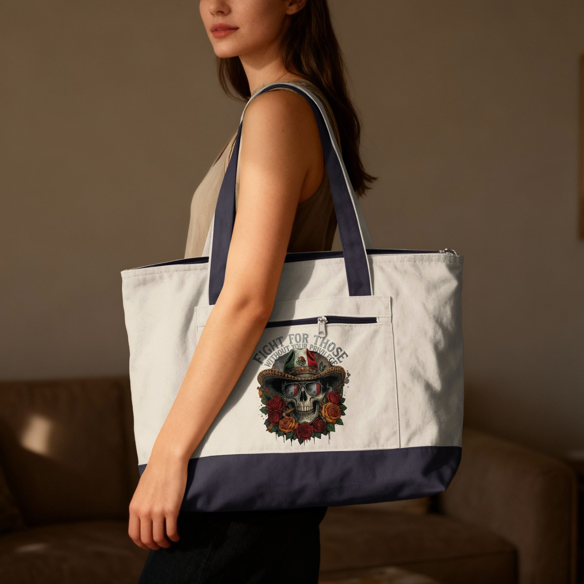 White canvas tote bag with dark blue trim and a Day of the Dead skull graphic.