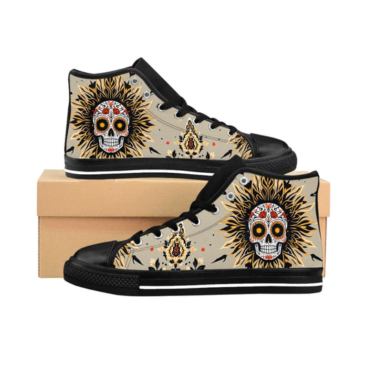 Skull Design High-Top Sneakers, Unique Footwear, Casual Style, Gift for Her, Day of the Dead Shoes, Festival Fashion