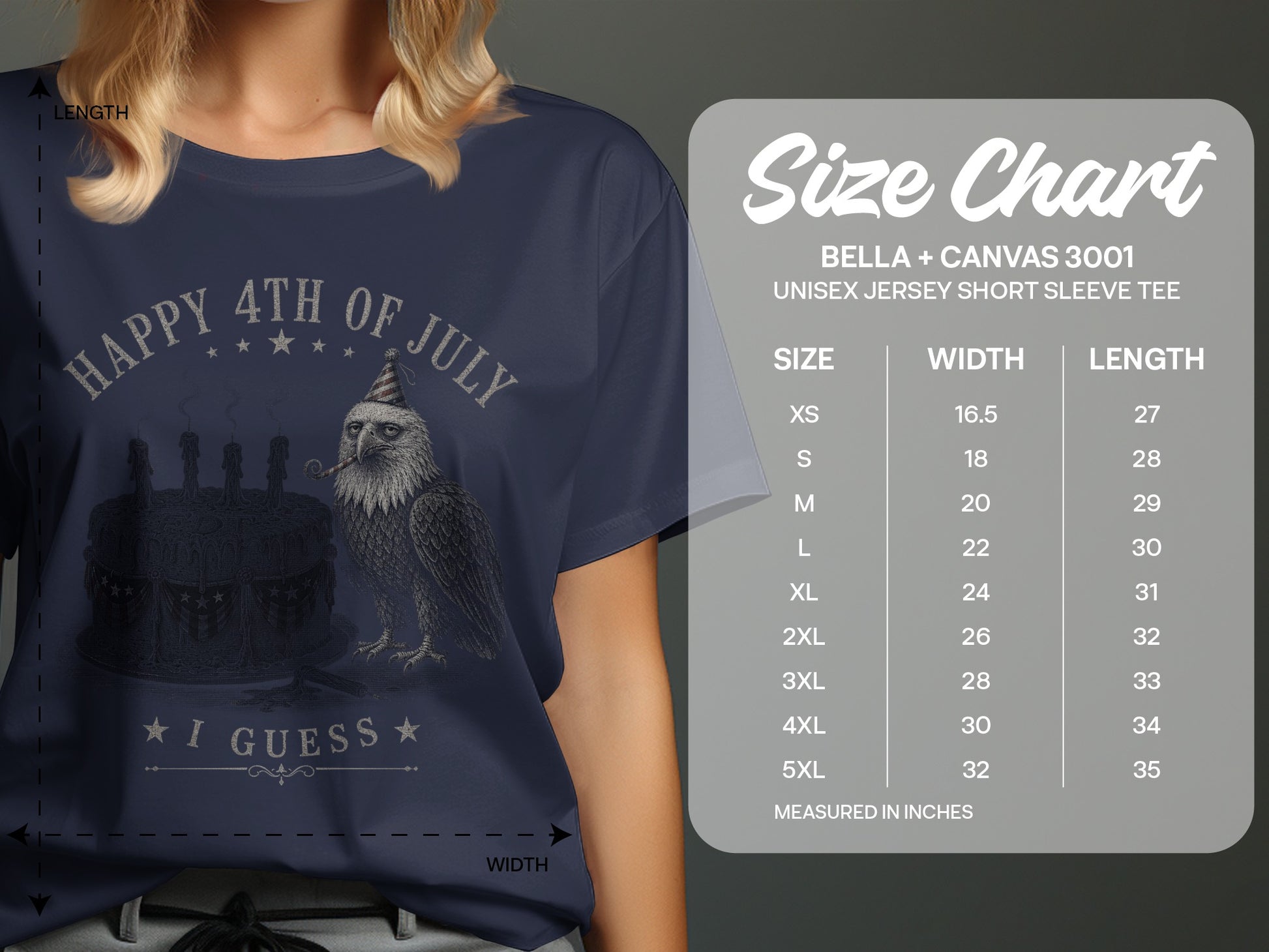 T-shirt size chart for Bella + Canvas 3001 Unisex Jersey Short Sleeve Tee.