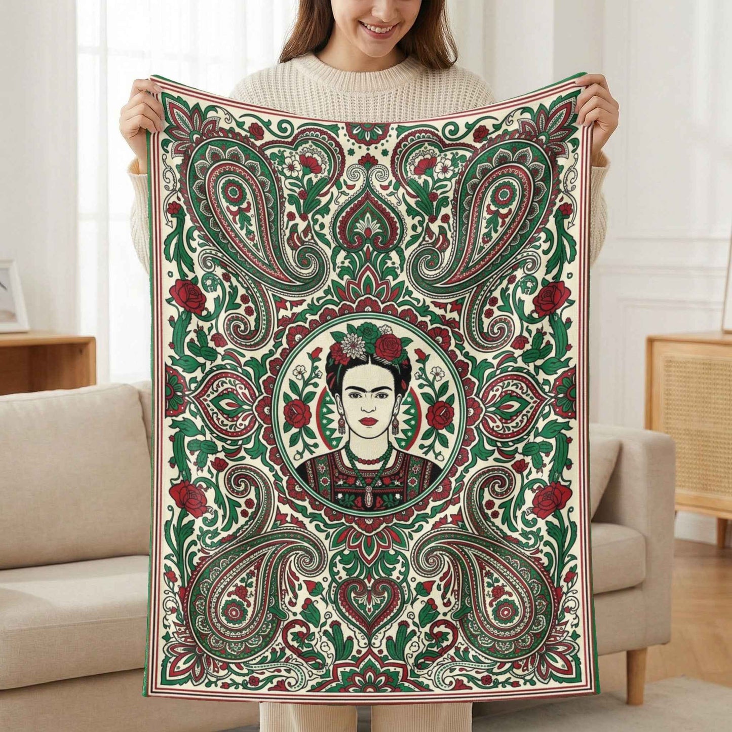 Frida Kahlo Art Blankets, Bohemian Paisley Throw Blanket, Mexican Folk Art Decor, Vibrant Red Green Floral Pattern, Artistic Icon Living
