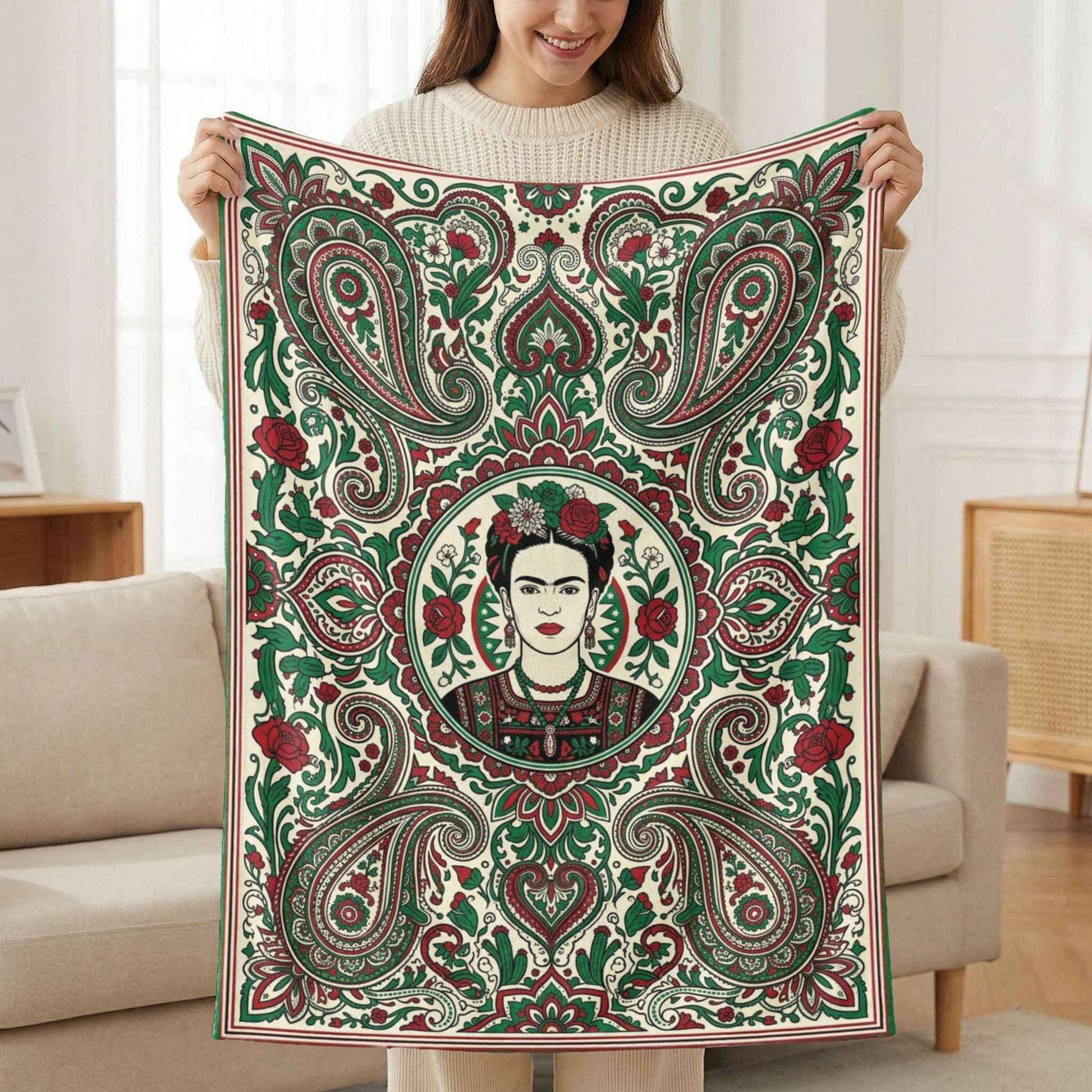 Frida Kahlo Art Blankets, Bohemian Paisley Throw Blanket, Mexican Folk Art Decor, Vibrant Red Green Floral Pattern, Artistic Icon Living
