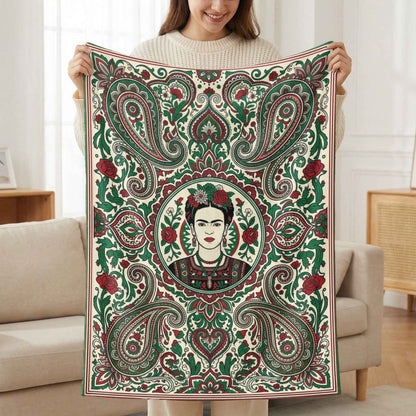 Frida Kahlo Art Blankets, Bohemian Paisley Throw Blanket, Mexican Folk Art Decor, Vibrant Red Green Floral Pattern, Artistic Icon Living