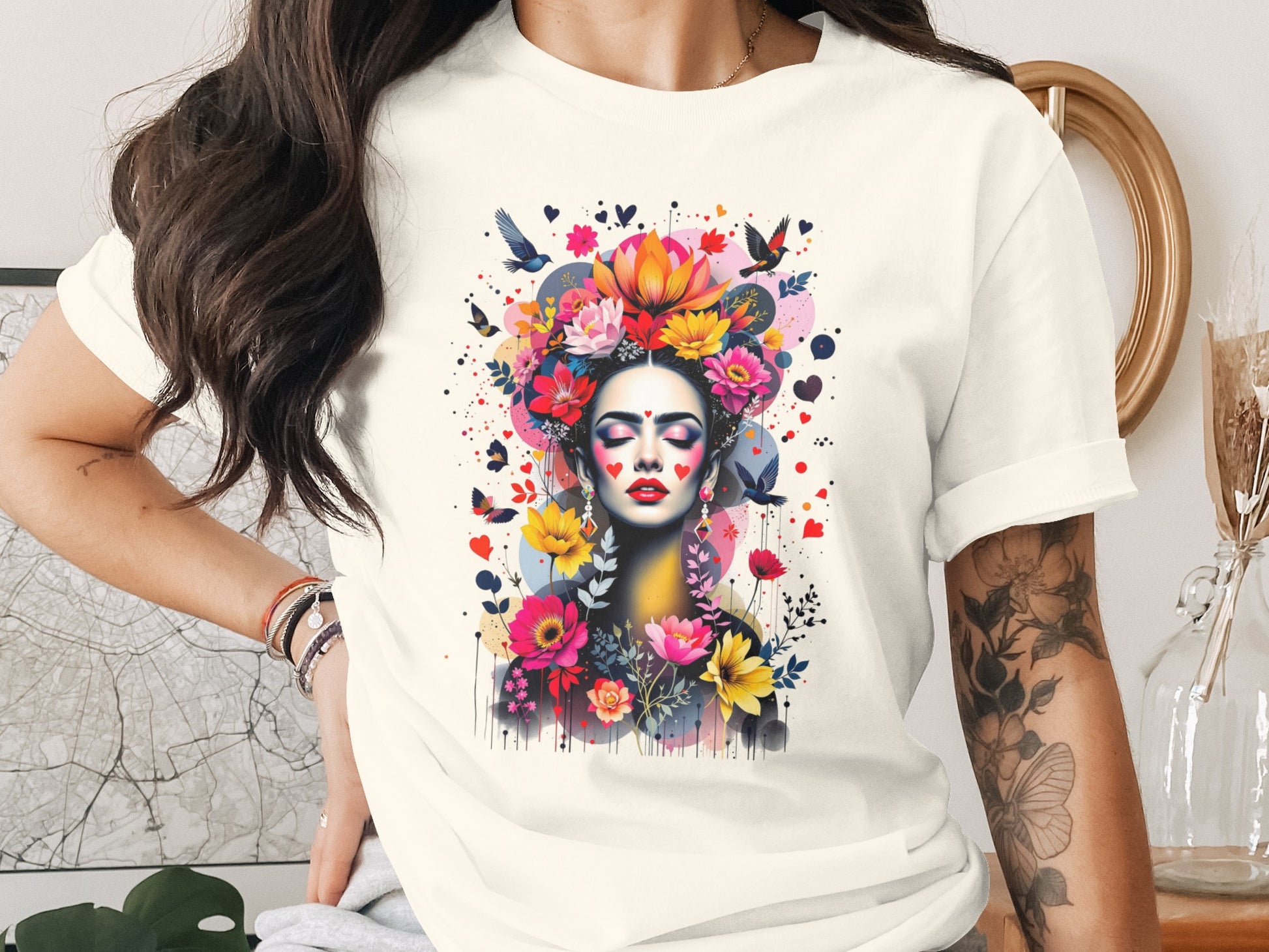 Colorful Floral Goddess Face Art Birds Hearts product type