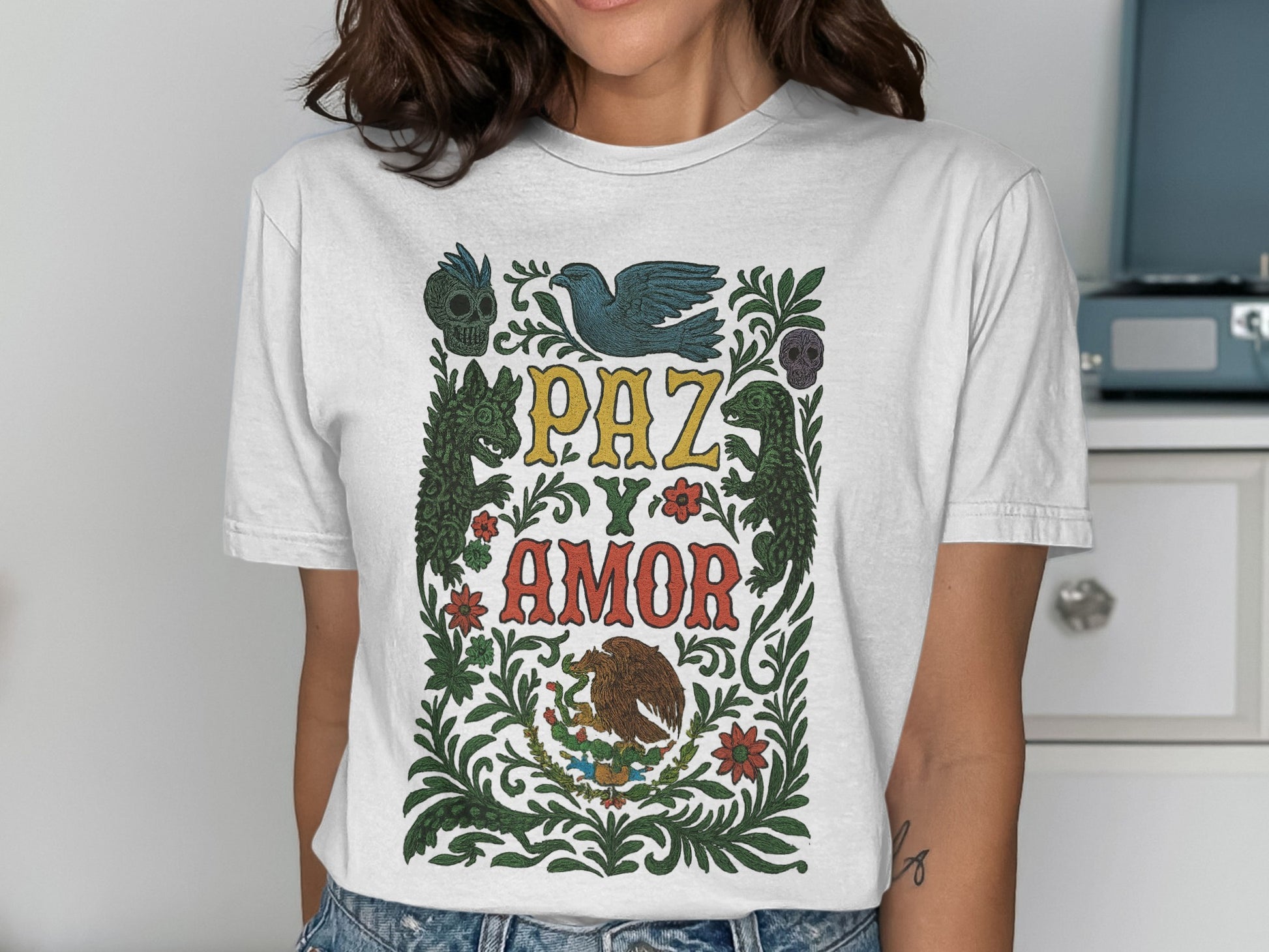 Colorful Mexican Inspired Paz y Amor T-shirt product type