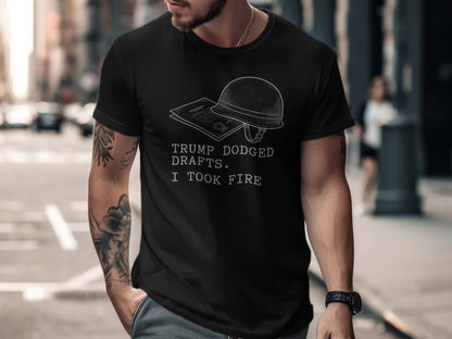 Black t-shirt with white text and illustration of helmet and papers.