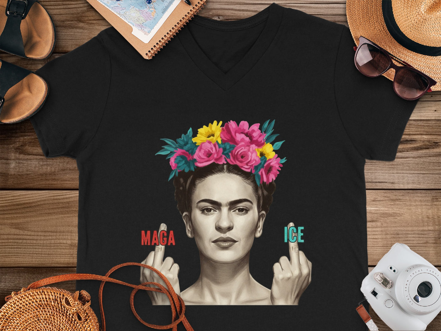 Artistic Frida Graphic Tee Shirt with Colorful Floral Design