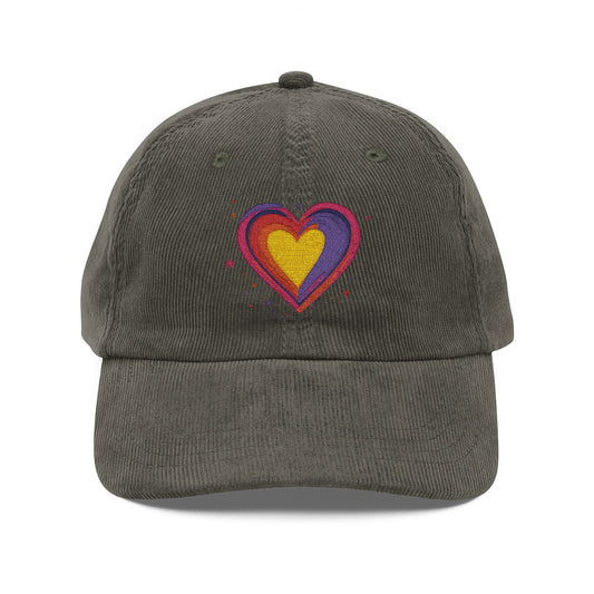 Pride hat Vintage Corduroy Embroidered Heart Cap | Boho Style Hat, Gift for Her, Casual Headwear, Adjustable Cap, Retro Fashion Accessory
