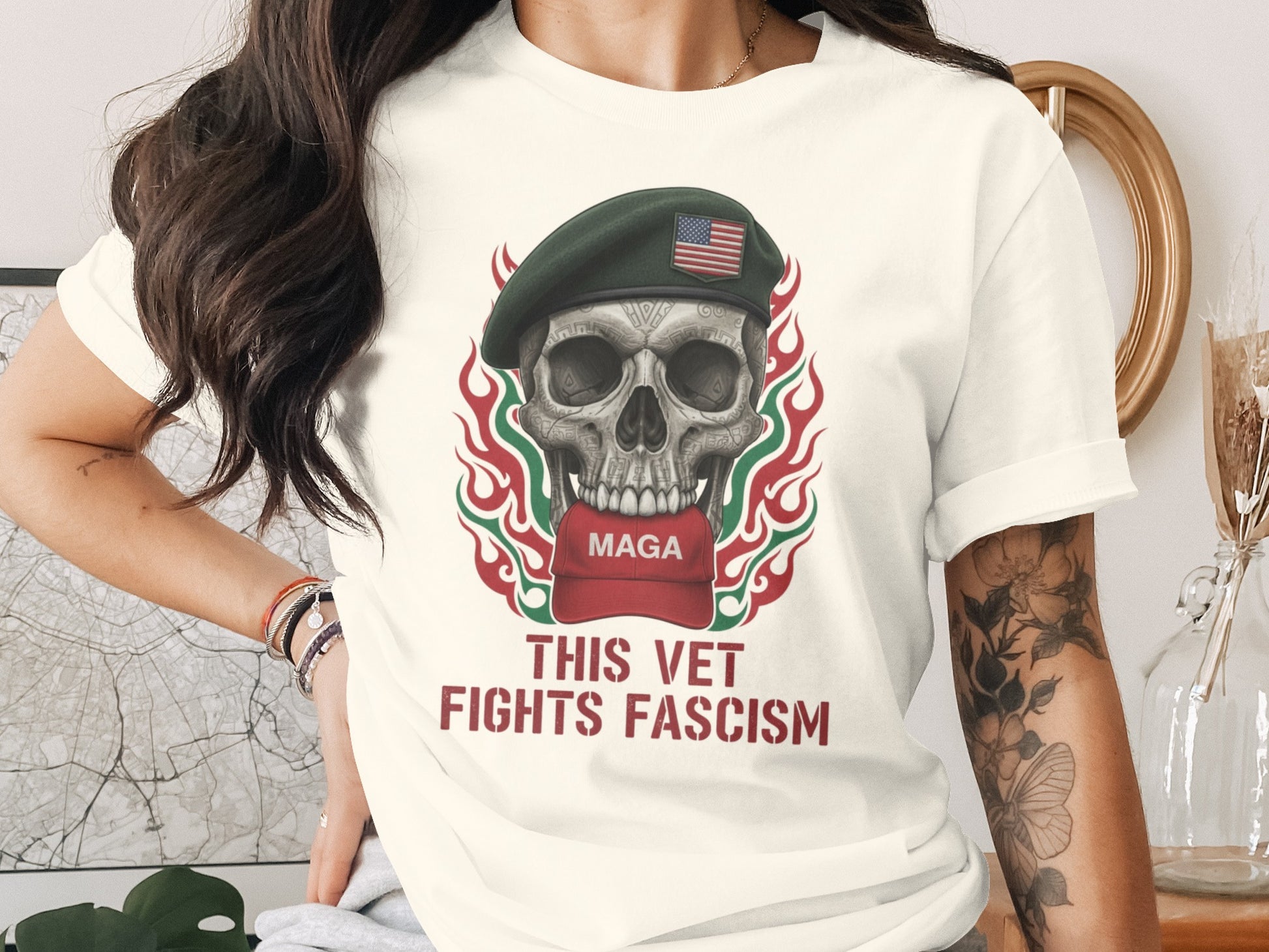This Vet Fights Fascism Skull Design T-shirt