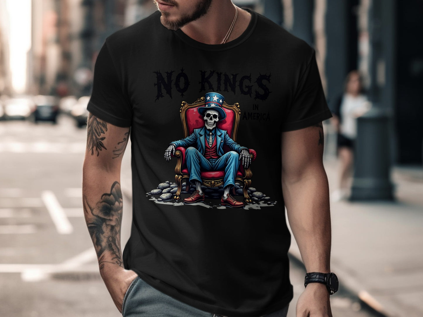 No Kings In America Skeleton Throne Graphic T-Shirt product