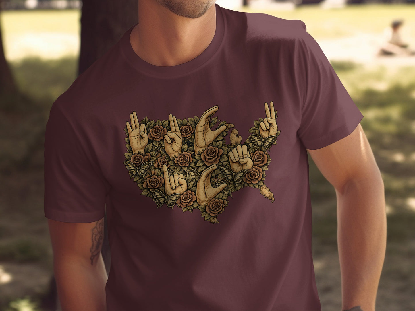 USA Hand Signs and Roses Graphic Tee Shirt