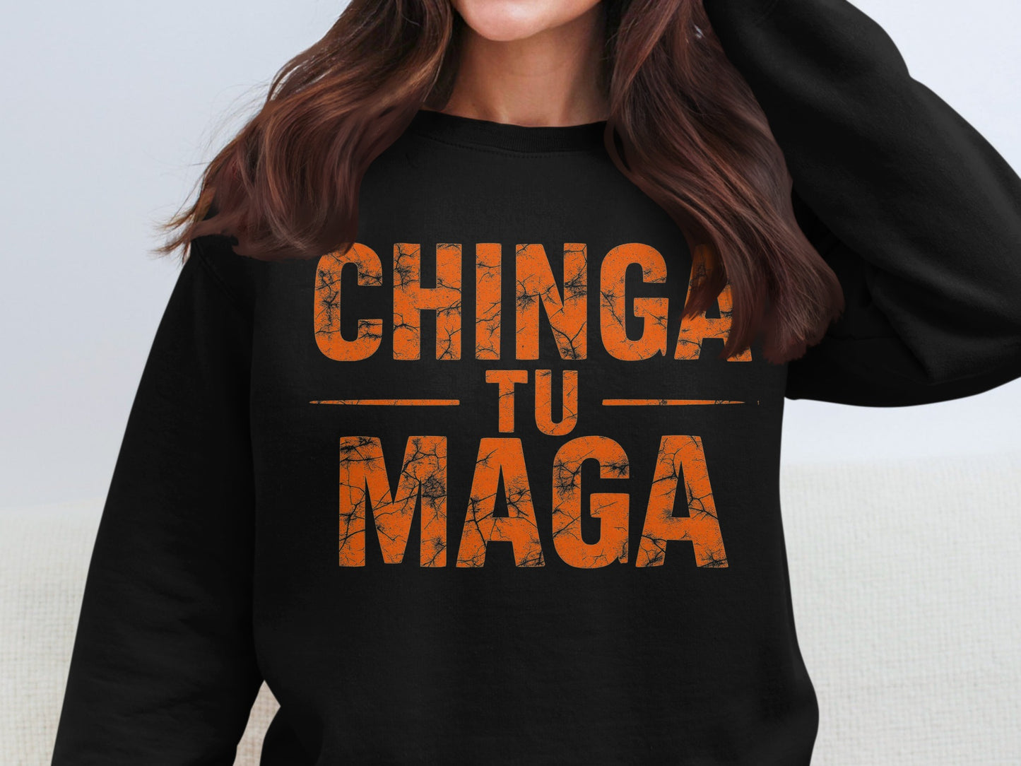 Chinga Tu Maga statement in distressed print shirt