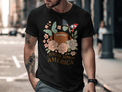 Juntos Somos América Floral Football Butterfly Design Shirt