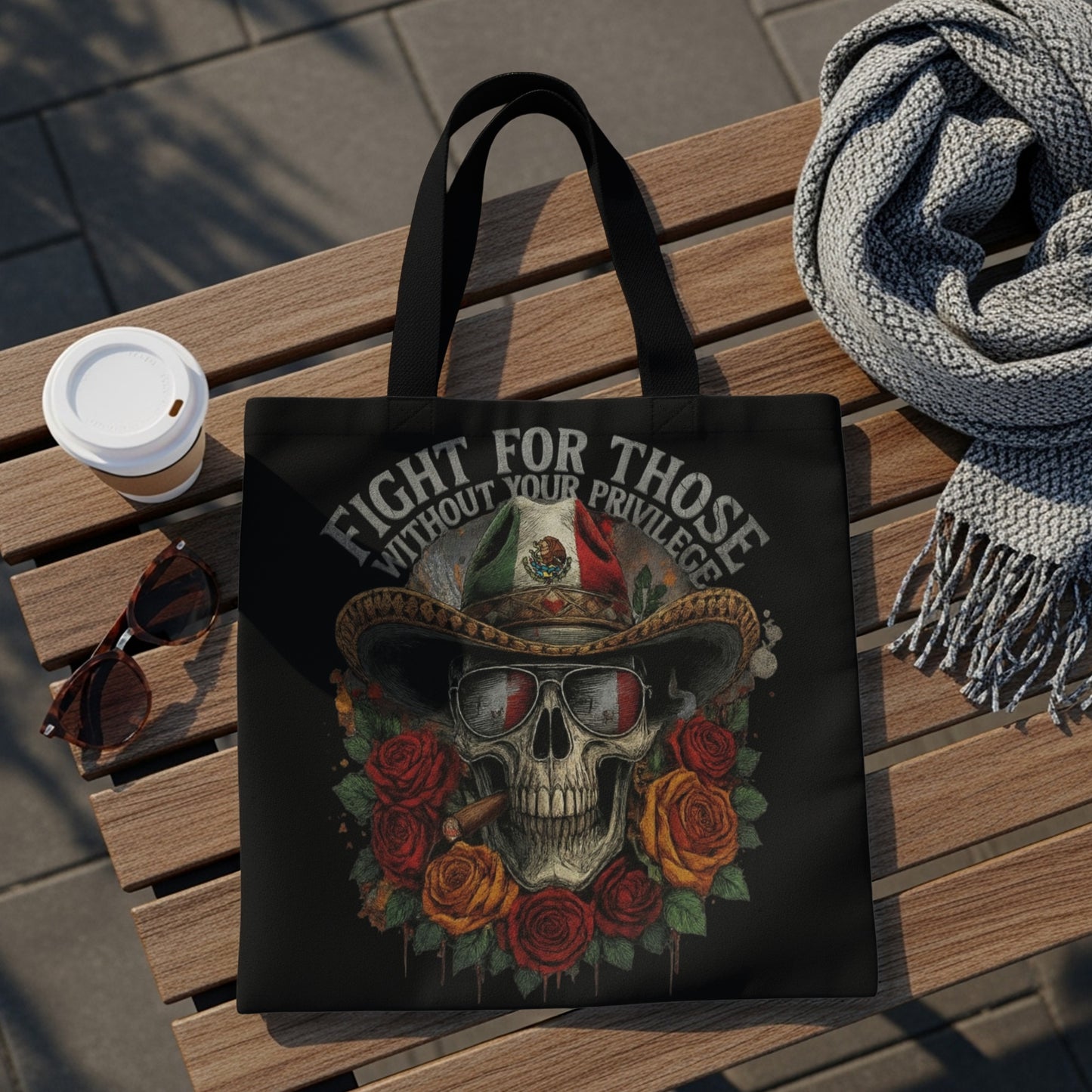 Tote bag with skull, cowboy hat, Mexican flag, roses, and text "FIGHT FOR THOSE WITHOUT YOUR PRIVILEGE".