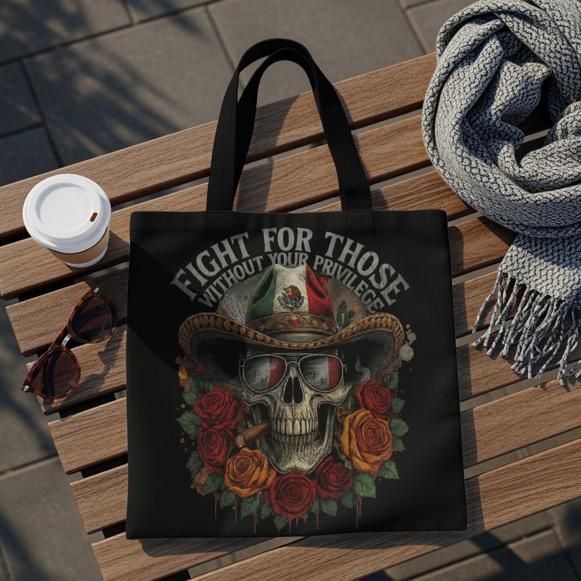 Tote bag with skull, cowboy hat, Mexican flag, roses, and text "FIGHT FOR THOSE WITHOUT YOUR PRIVILEGE".
