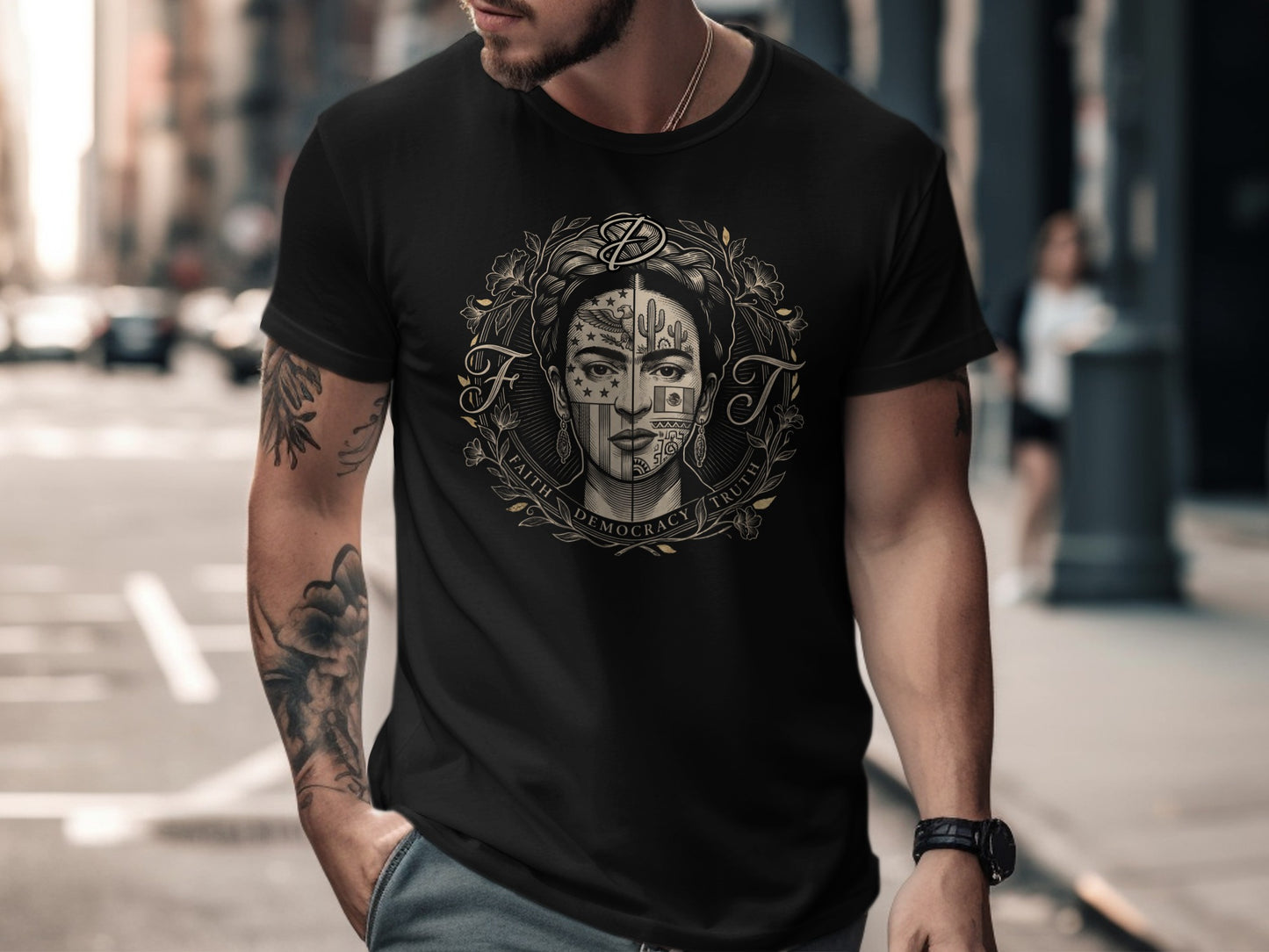 T-shirt with split Frida Kahlo portrait and text FAITH DEMOCRACY TRUTH.