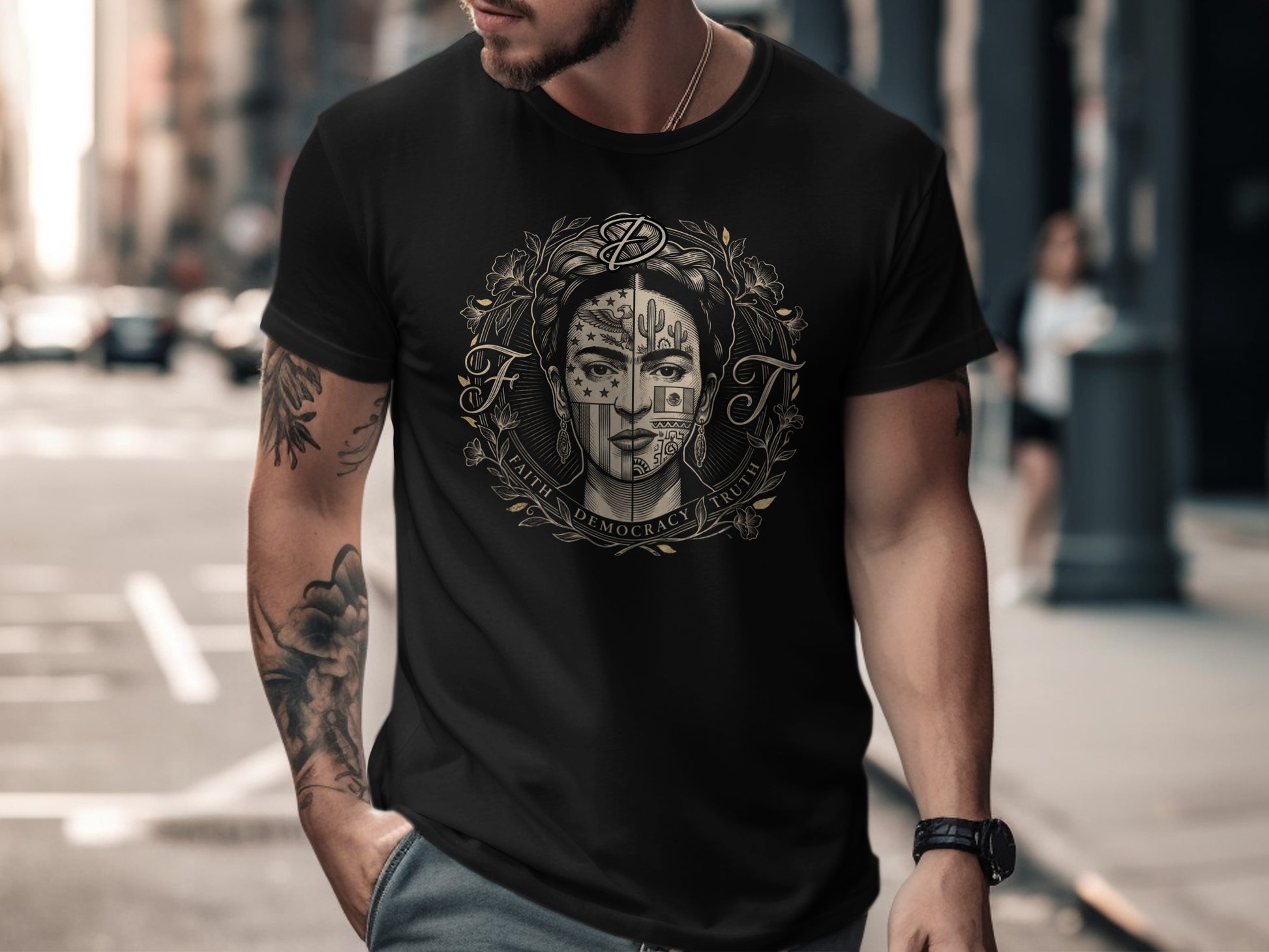 T-shirt with split Frida Kahlo portrait and text FAITH DEMOCRACY TRUTH.