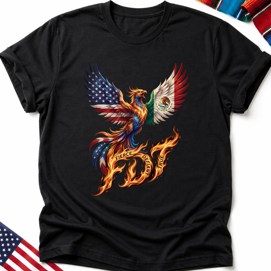 Black t-shirt with a phoenix design combining American and Mexican flags.