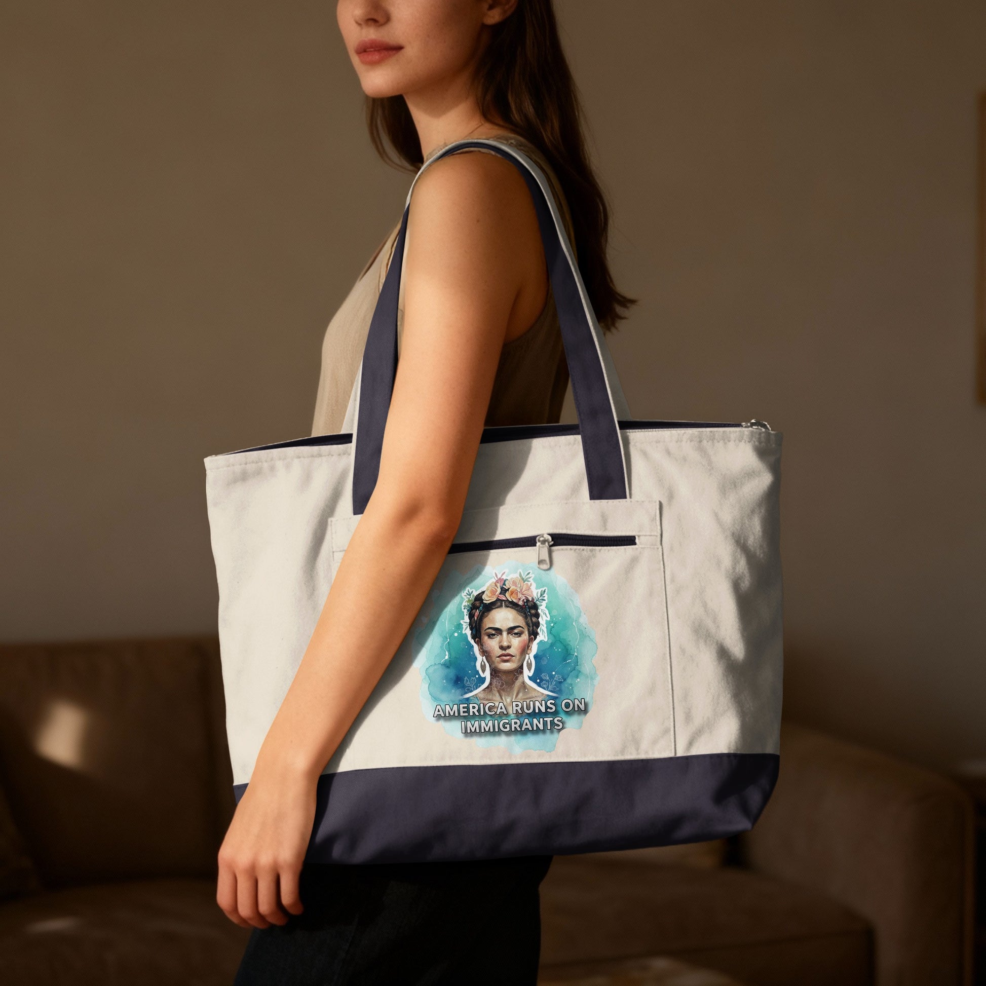 Tote bag with Frida Kahlo graphic and "America Runs on Immigrants" text.