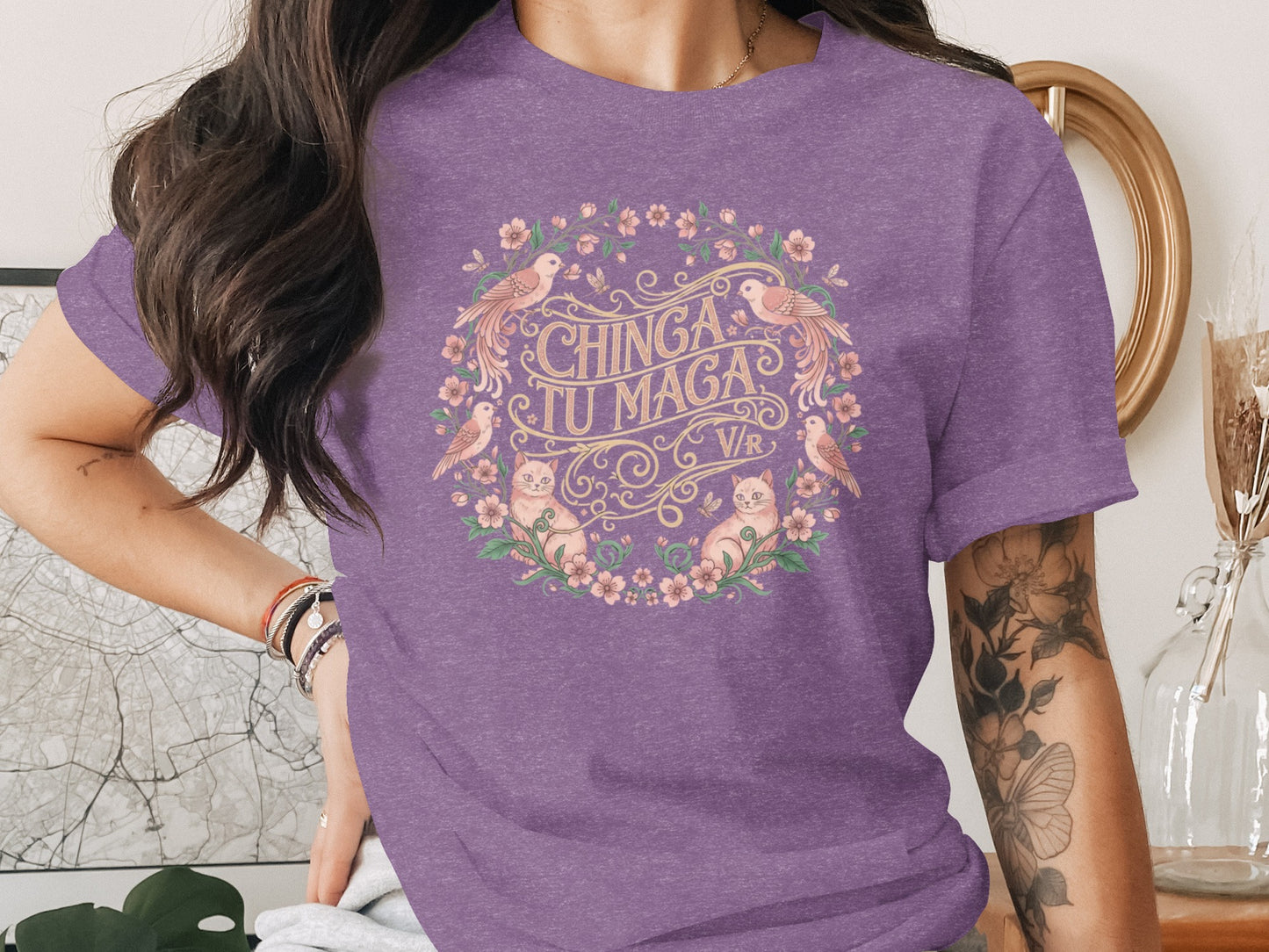 Chinga Tu Maga Purple Tee with Artistic Floral Design