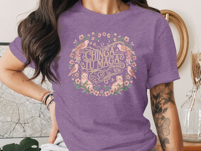 Chinga Tu Maga Purple Tee with Artistic Floral Design