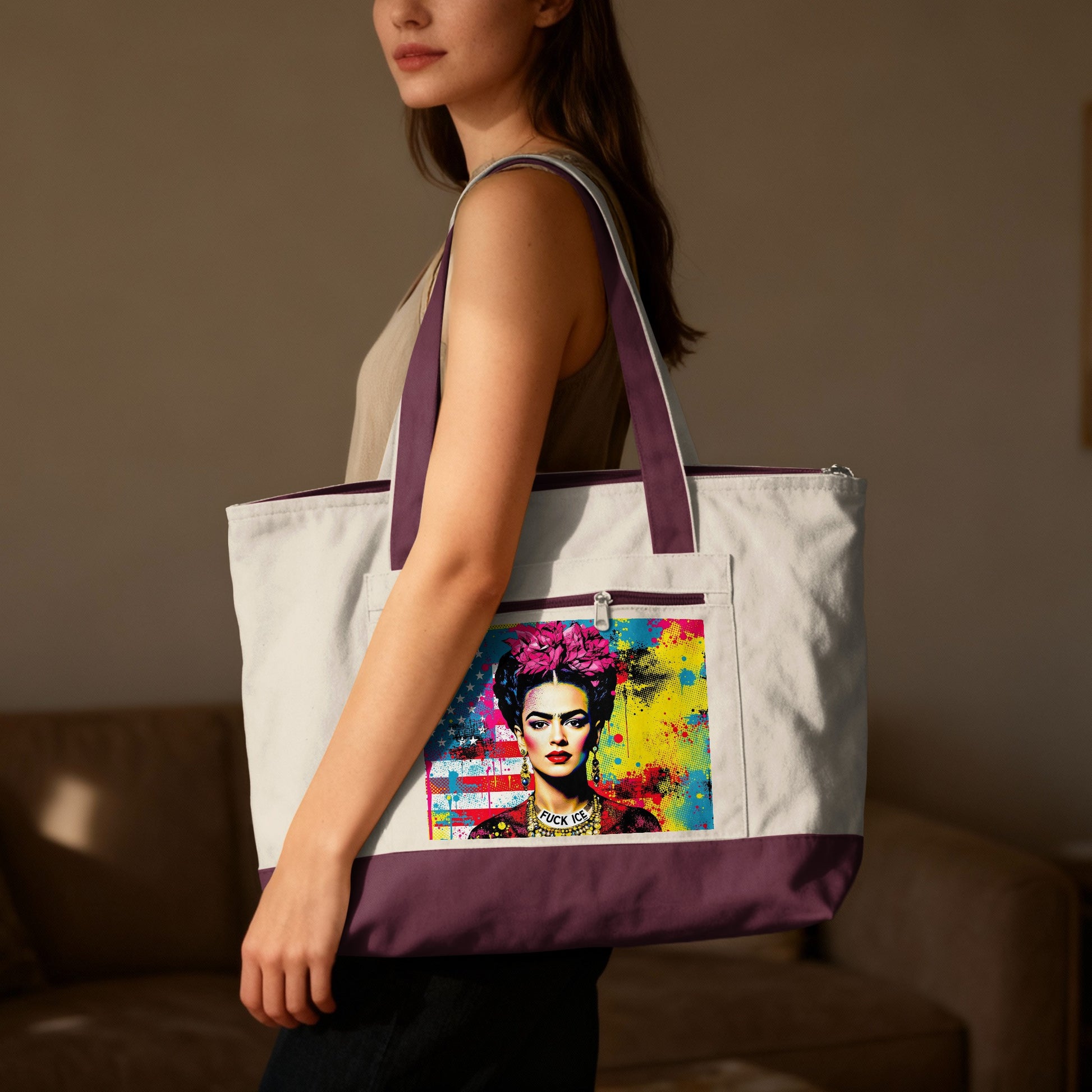 Tote bag with Frida Kahlo artwork and "FUCK IT" text.