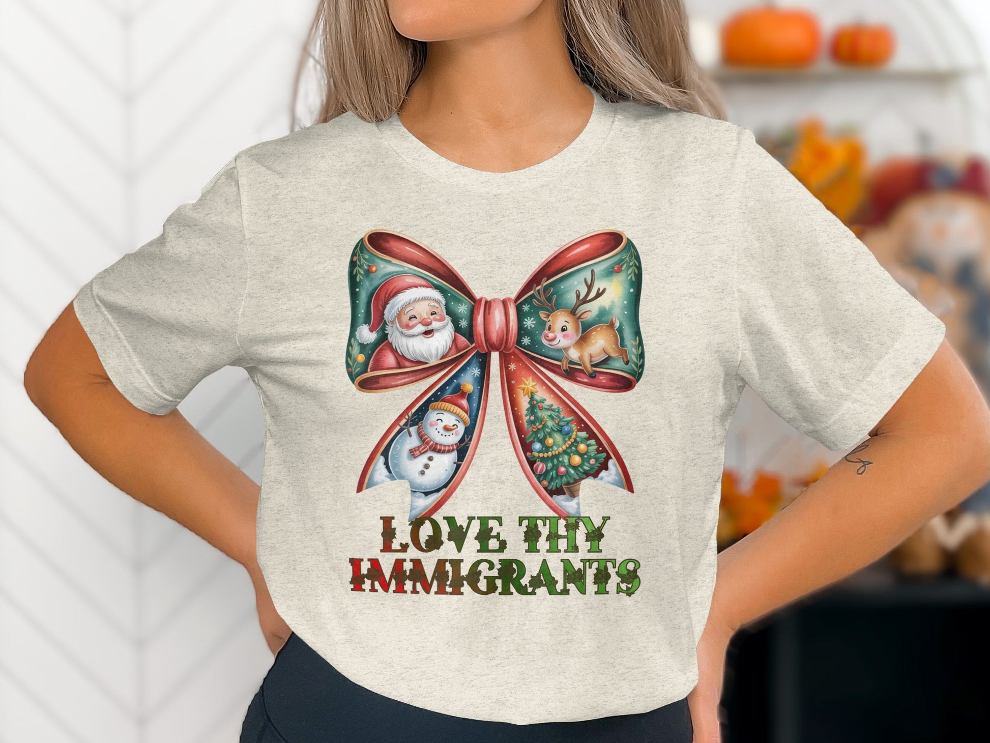 Love Thy Immigrants Festive Bow Graphic T-shirt