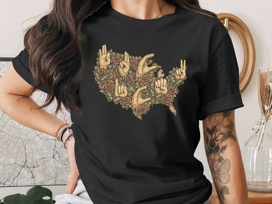 Hand Sign Flowers USA Map Graphic T-Shirt