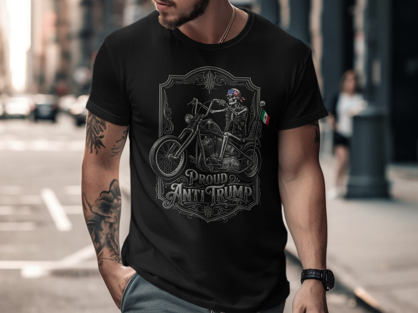 Black t-shirt with skull rider graphic and "Proud Anti Trump" text.