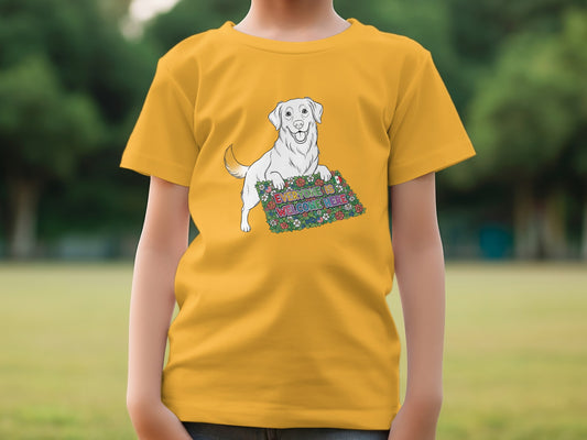 Yellow T-shirt with Dog Holding Welcome Sign Design