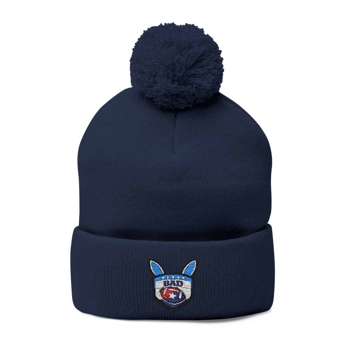 Navy Blue Pom Pom Beanie Embroidered Winter Hat