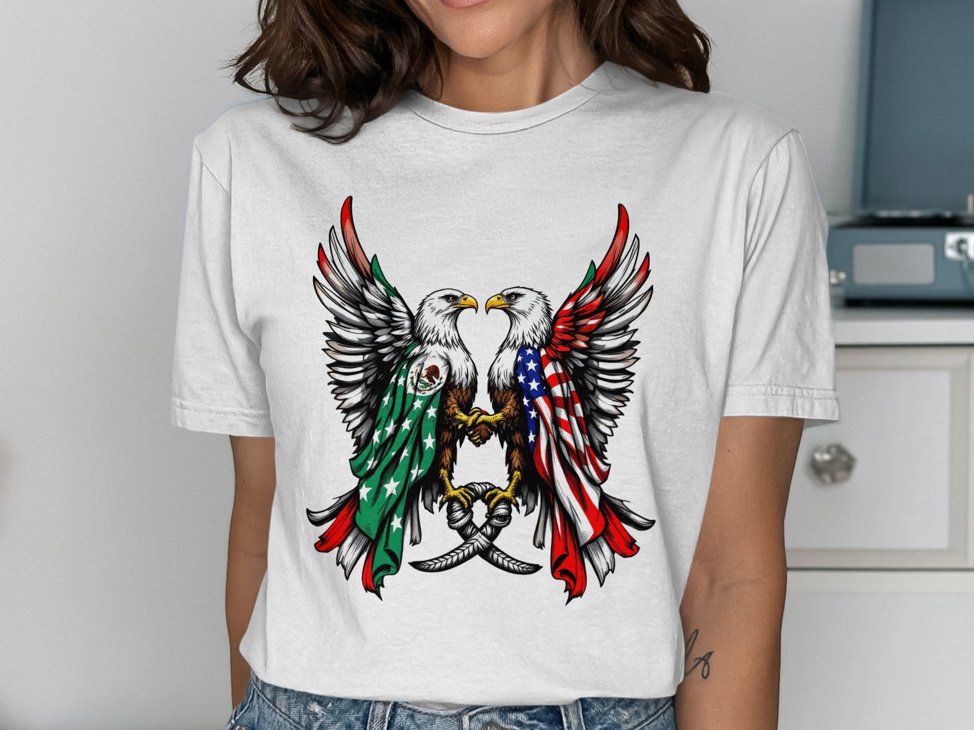 Bald Eagles Embracing Flags Graphic Tee Shirt product