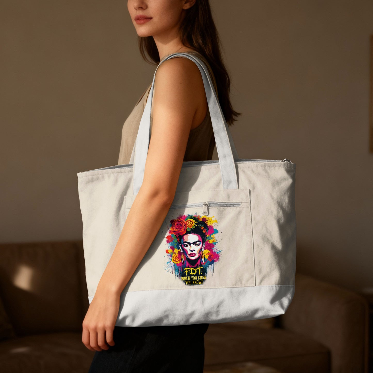 Tote bag with Frida Kahlo portrait and flowers, "FKT WHEN YOU KNOW YOU KNOW" text.