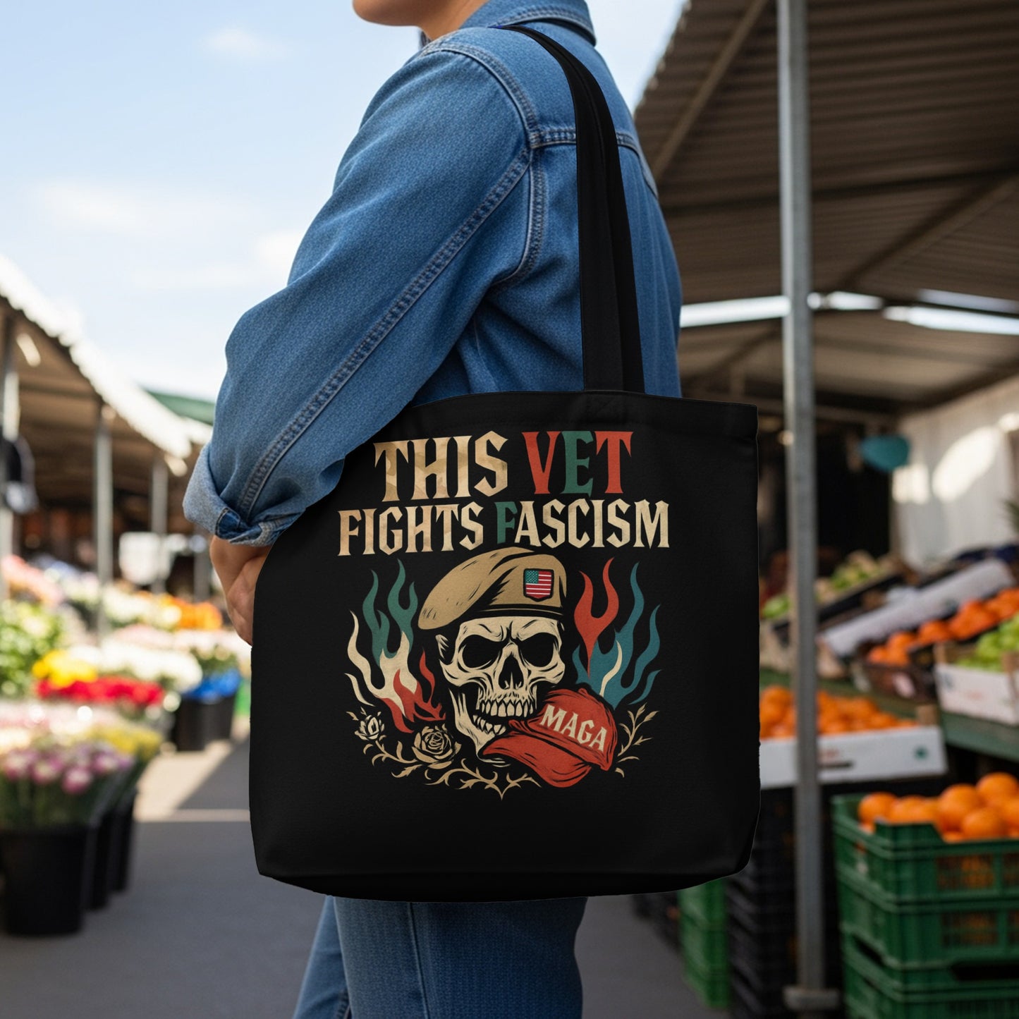 Black tote bag with skull, beret, and "THIS VET FIGHTS FASCISM MAGA" text.