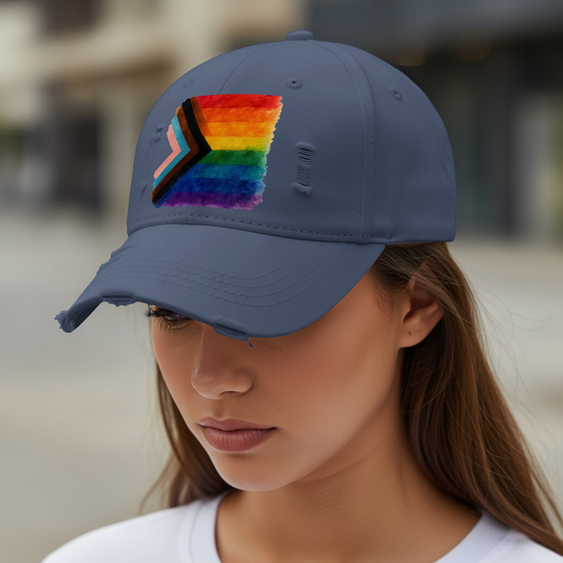 Distressed Cap with Rainbow Design Pride Hat product