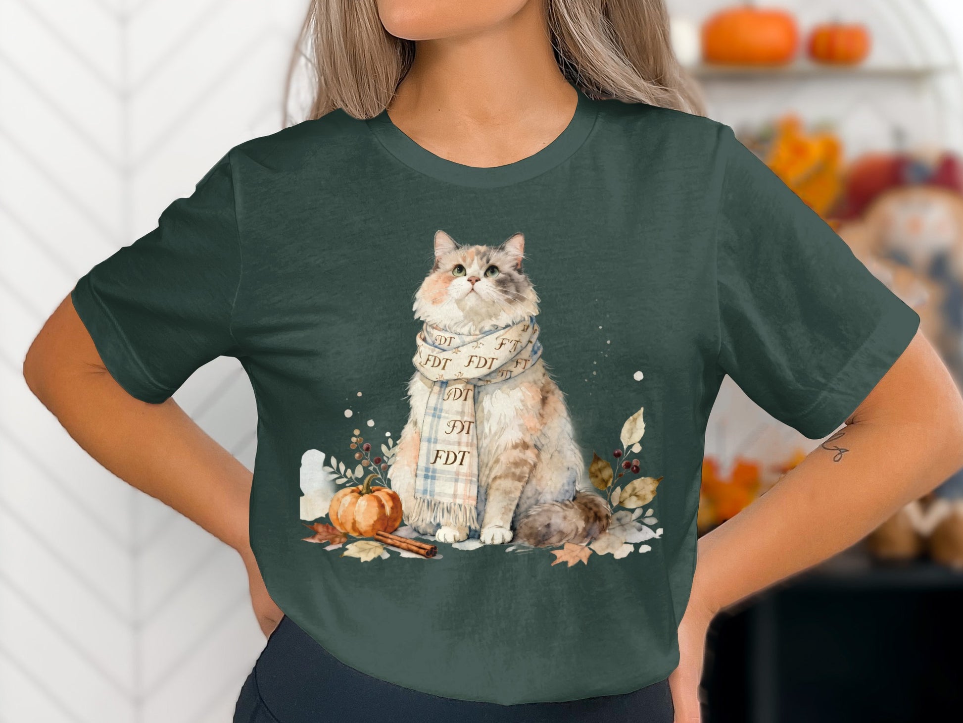 Cute Cat with Pumpkin Fall Design T-shirt