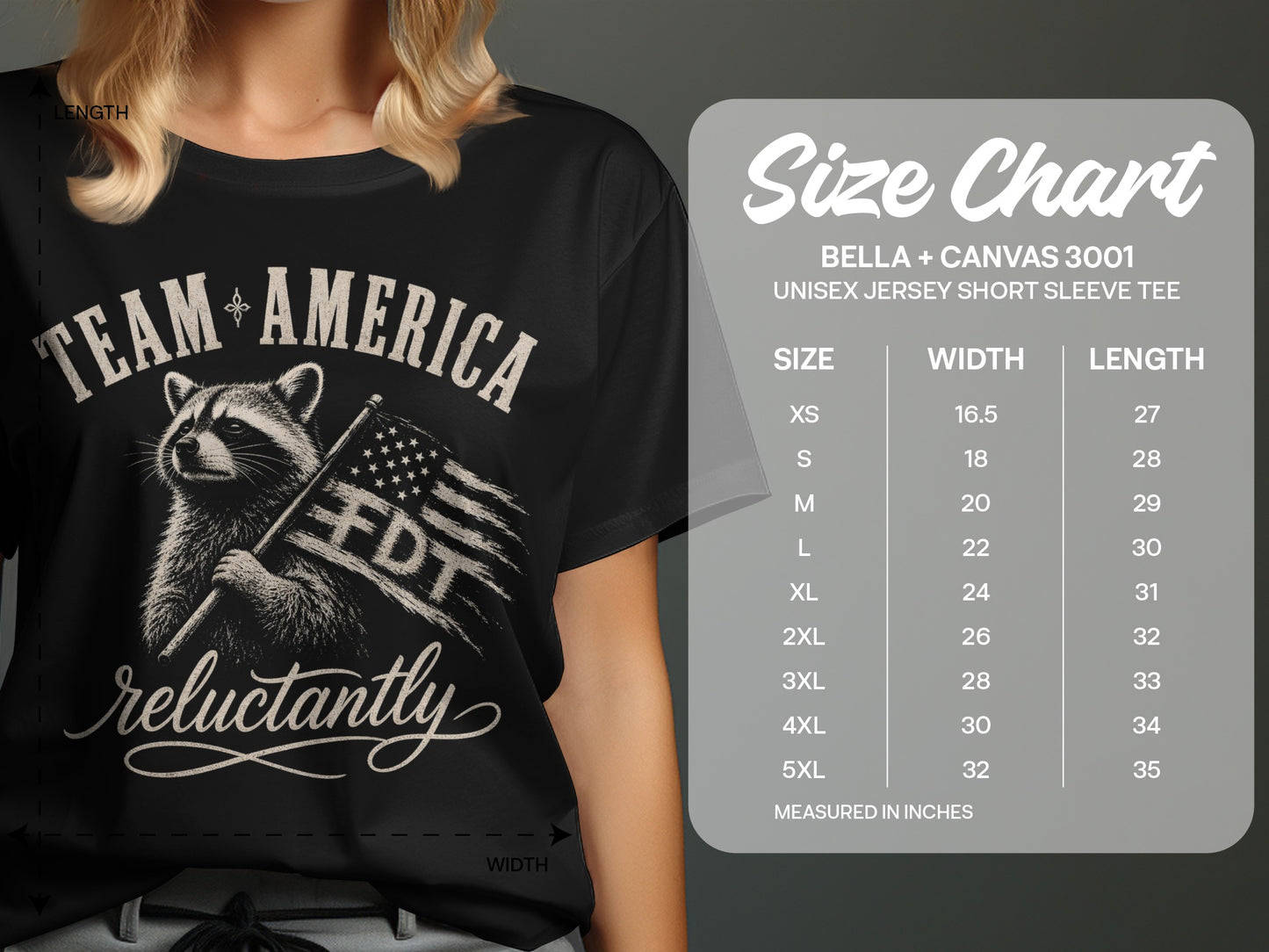 T-shirt with "Team America FDT reluctantly" and an American flag held by a raccoon.