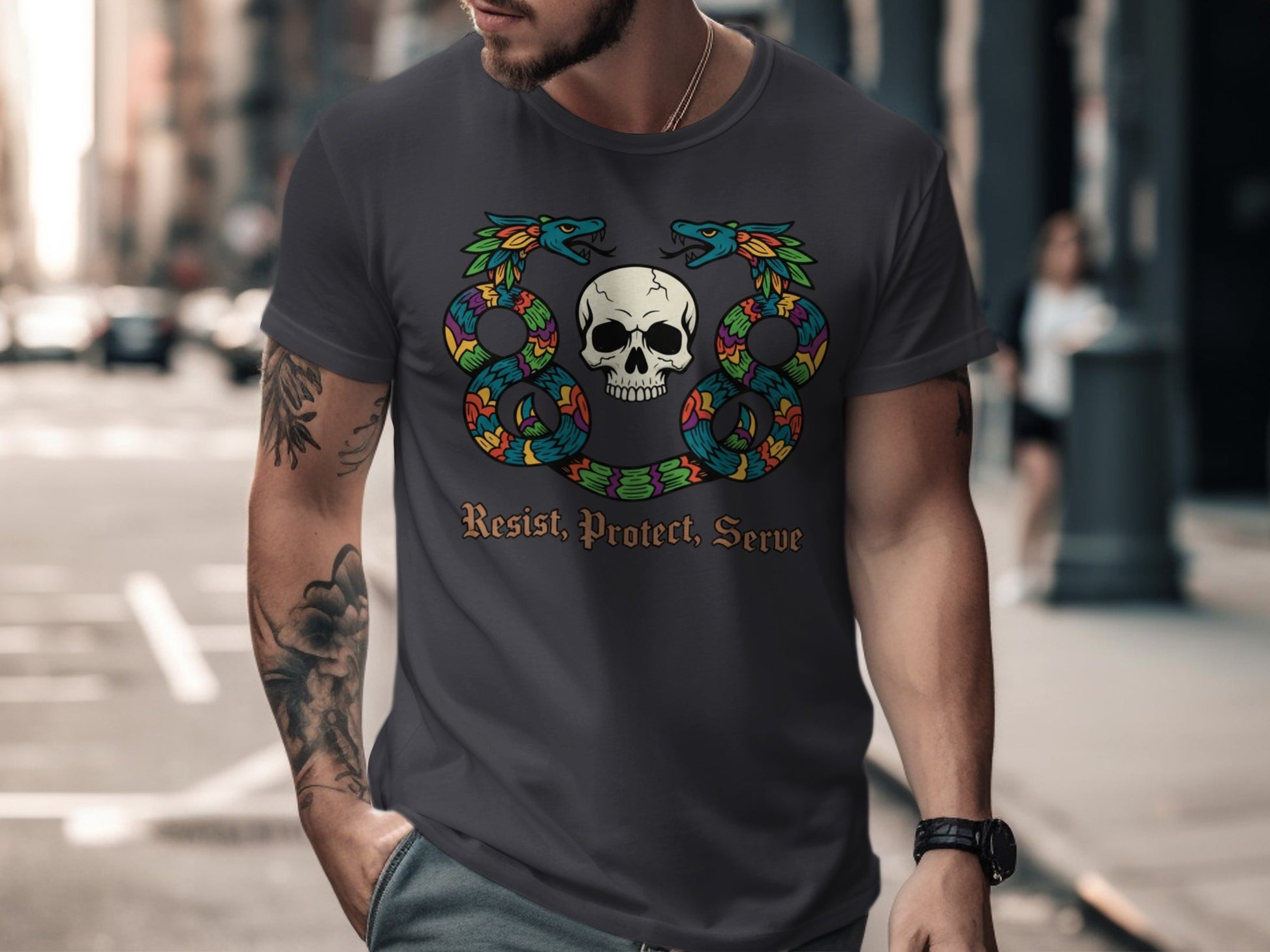 Resist Protect Serve Skull and Snake T-shirt