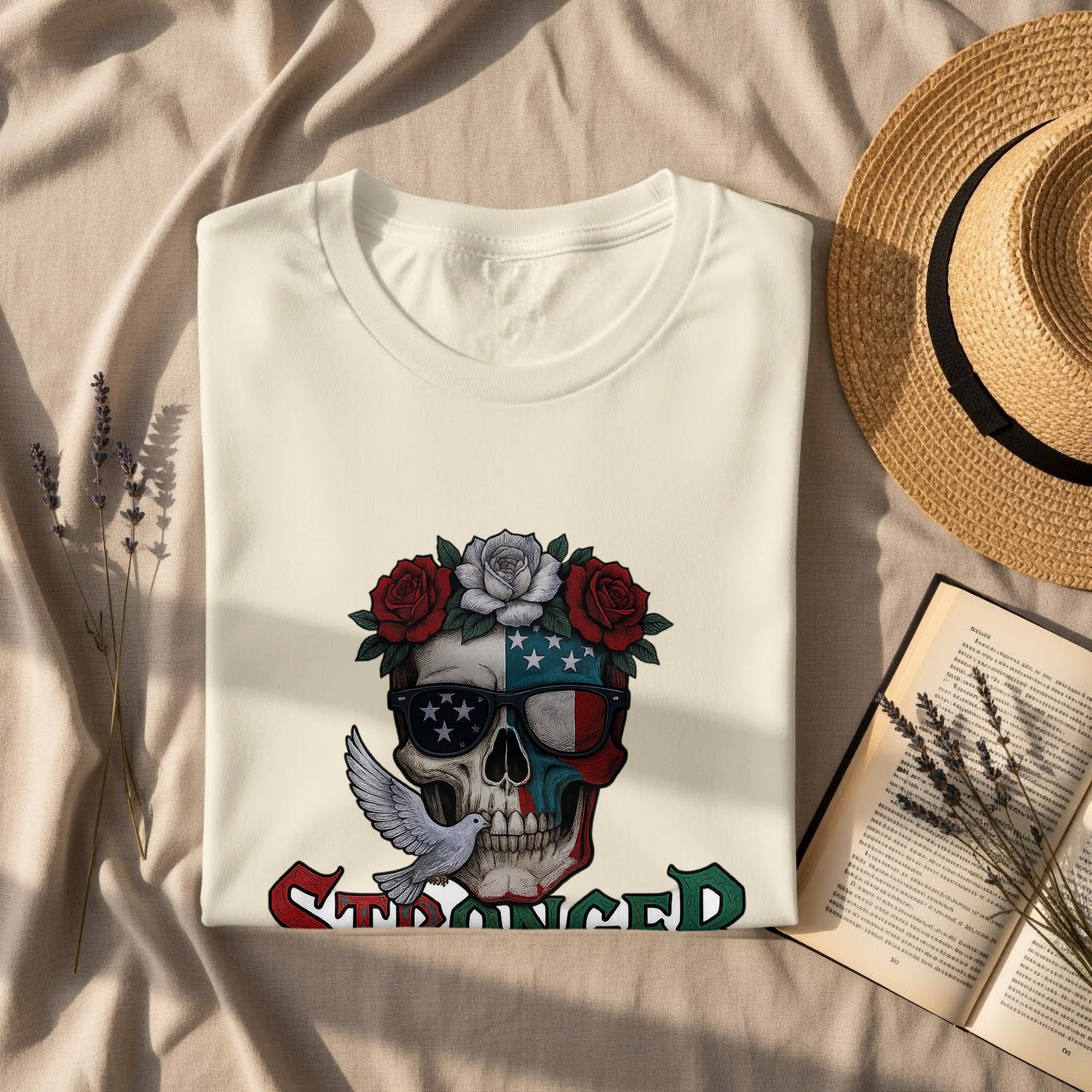 Stronger Skull with Roses and Dove Graphic T-shirt