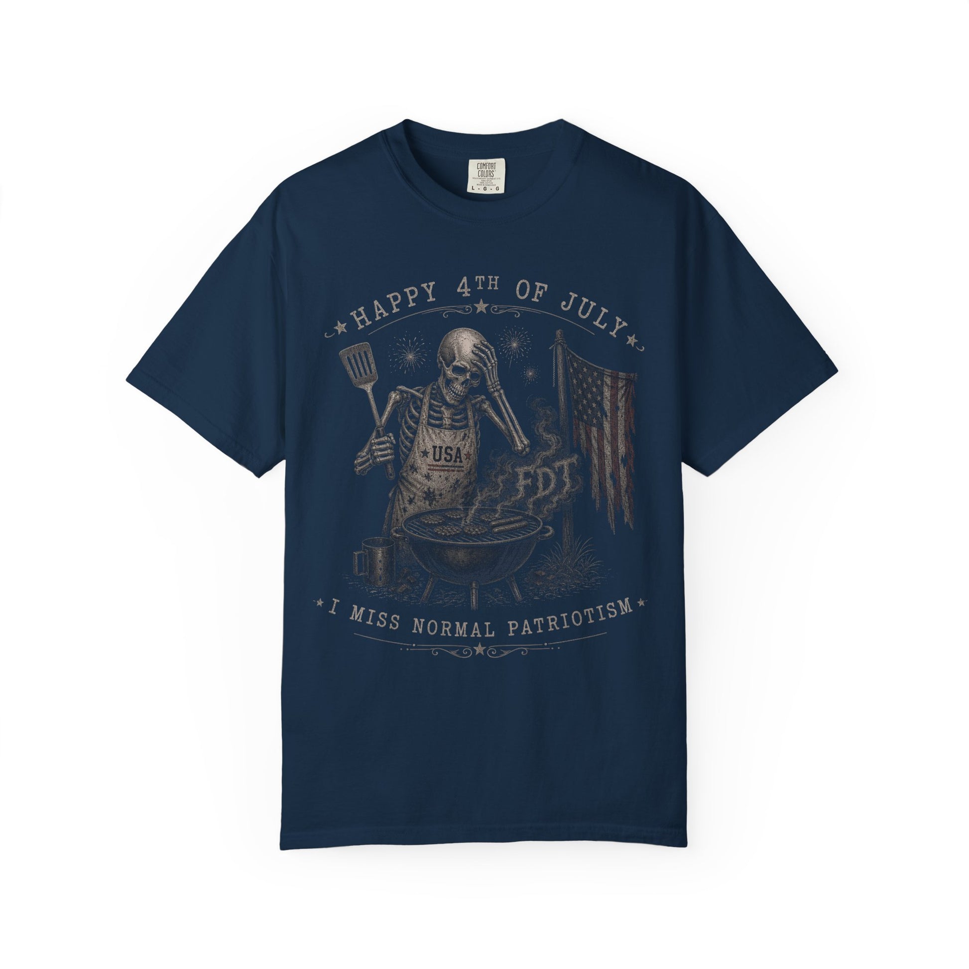 Navy t-shirt with skeleton grilling and "Happy 4th of July" text.