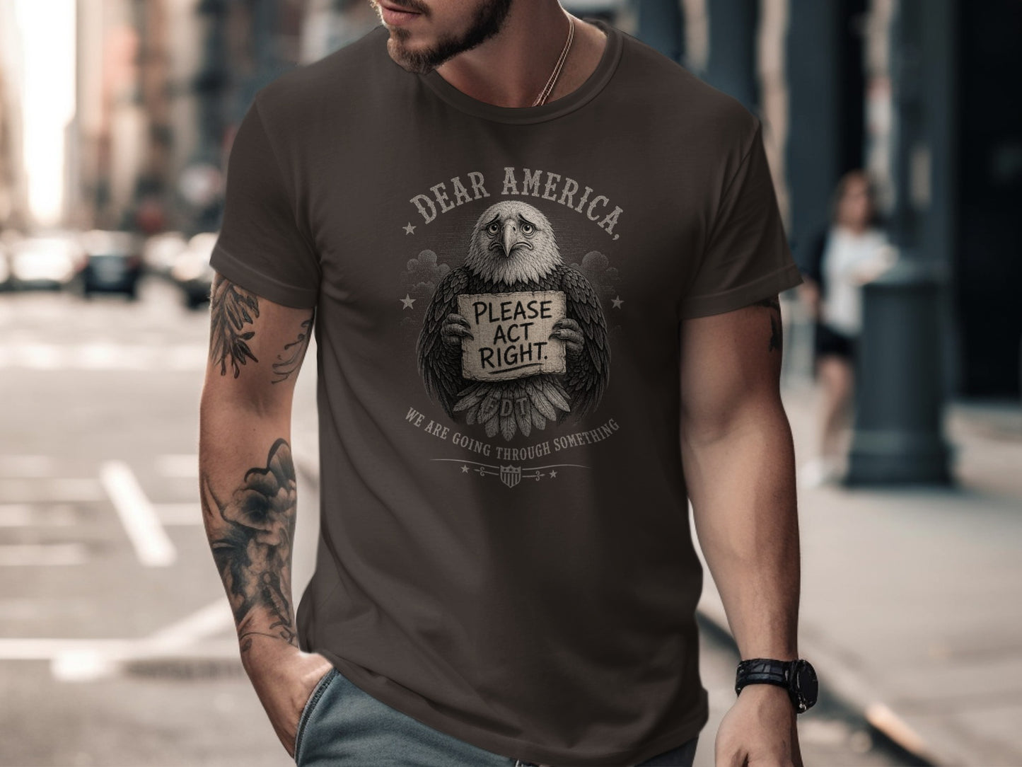 T-shirt with eagle holding sign reading "Dear America, please act right."