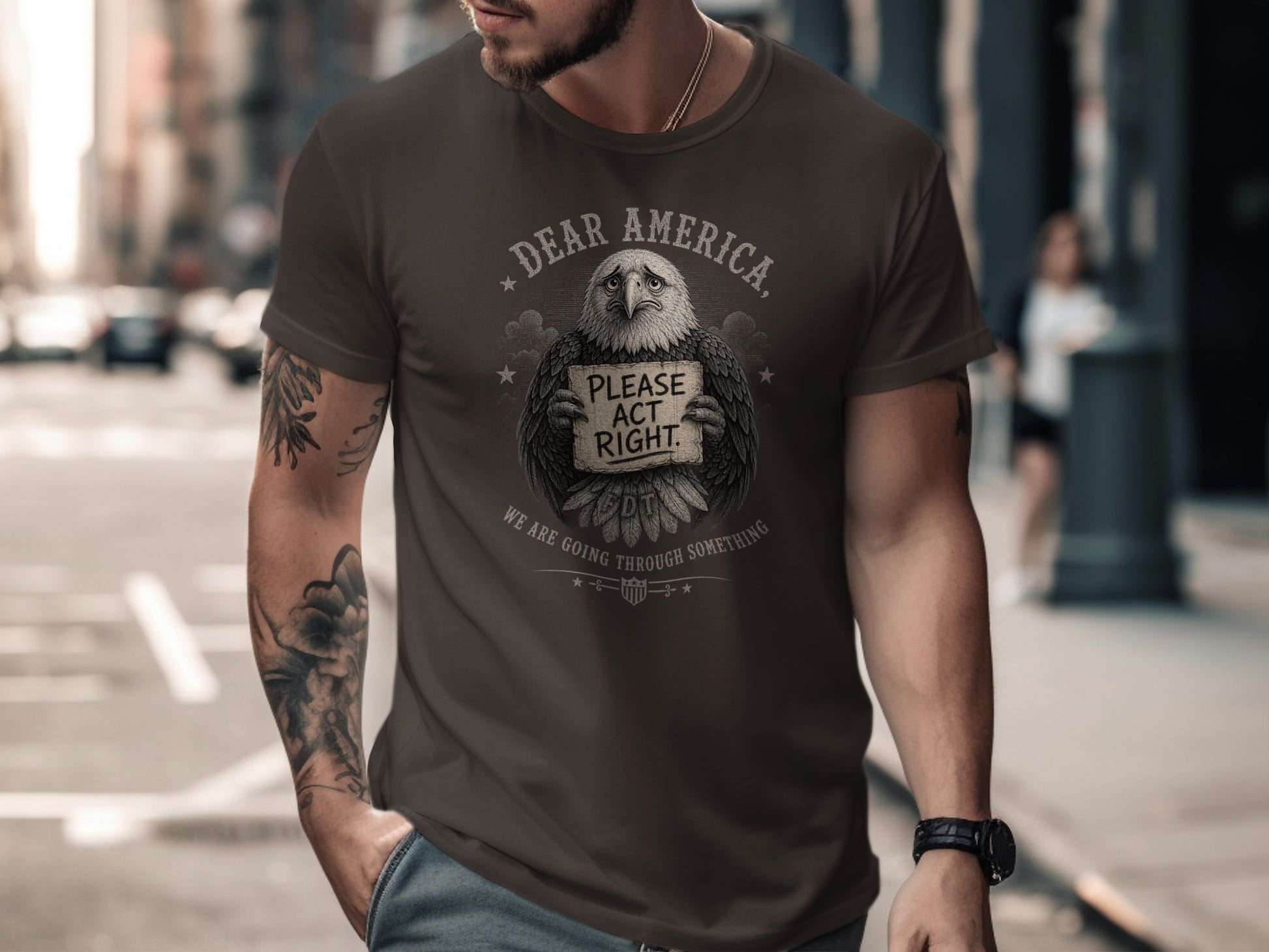 T-shirt with eagle holding sign reading "Dear America, please act right."