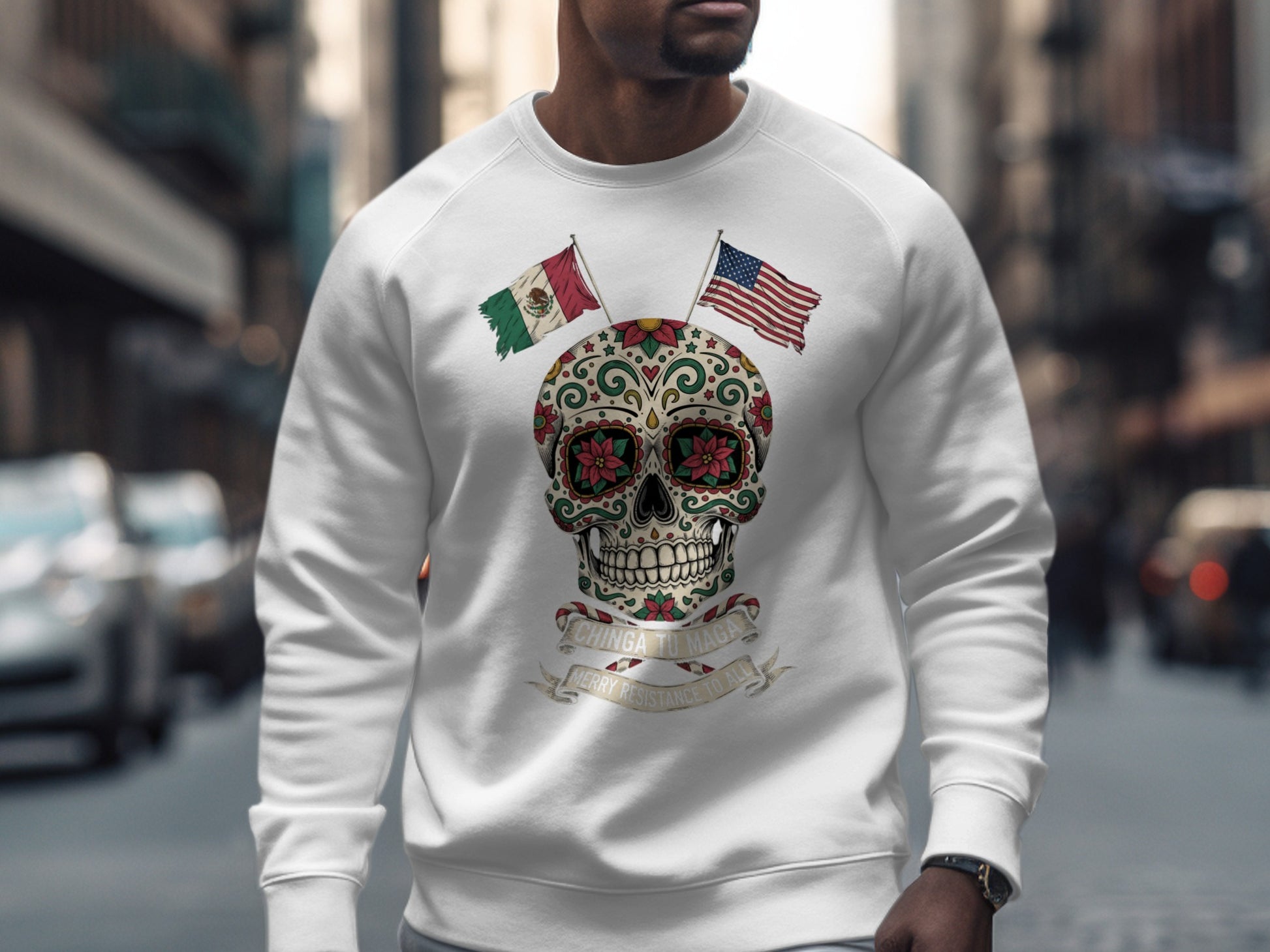 Sugar Skull Art with Mexico and USA Flags sweatshirt